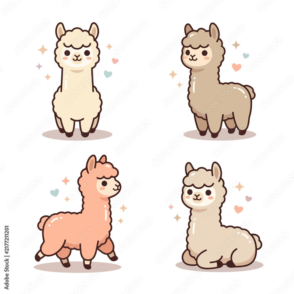 Obraz premium Kawaii alpaca and llama character sticker set.