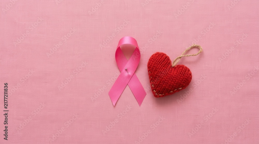Fototapeta premium Pink Ribbon And Heart Symbolizing Breast Cancer Awareness And Hope