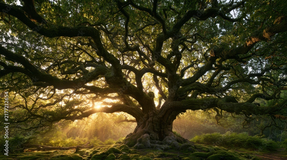 Fototapeta premium Panoramic view of ancient oak branches bathed in warm golden light