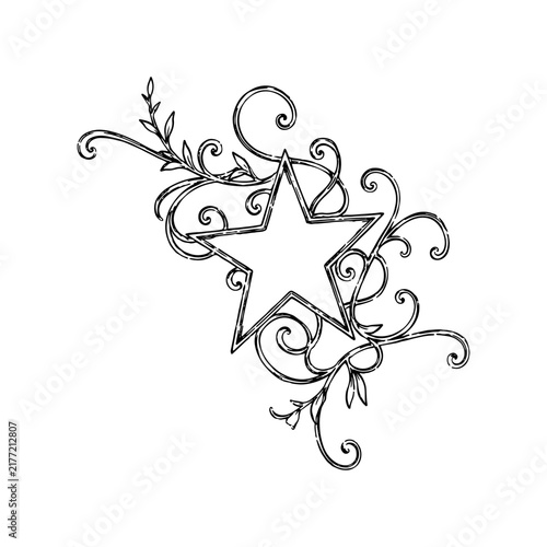 Ornamental Star with Decorative Swirls and Botanical Flourishes Line Art Elegant Five Point Star with Vintage Floral Ornament Monochrome Illustration