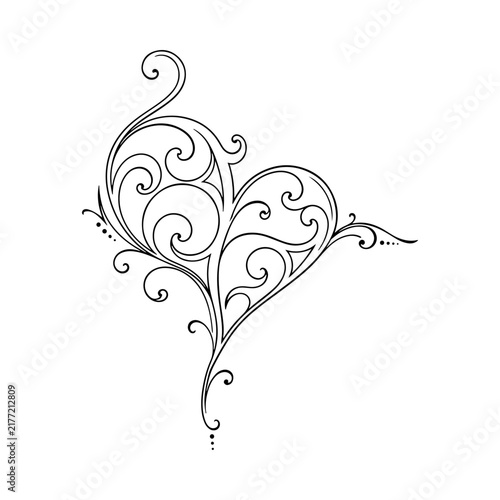 Artistic Ornamental Heart with Flowing Filigree Swirls and Decorative Flourishes Elegant Abstract Heart Design with Curved Botanical Filigree Line Art