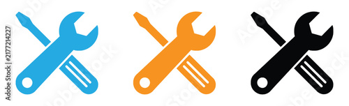 Crossed wrench and screwdriver vector icon set representing repair service tools, technical support, maintenance, and modern graphic design symbol.
