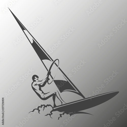 Fotografie Minimalist windsurfing illustration, silhouette of a male windsurfer on waves, b