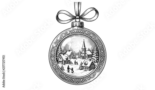 Vintage style christmas ornament illustration featuring a snowy village scene with a church and people in black ink