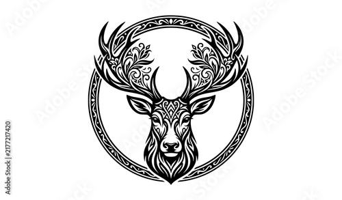 Elegant deer head illustration with ornate floral antlers inside a decorative oval frame isolated on white background
