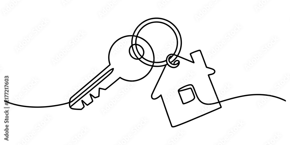 Obraz premium Minimalist continuous single line art drawing of a house key with a simple house shape keychain representing home ownership real estate and property concept Vector, illustration