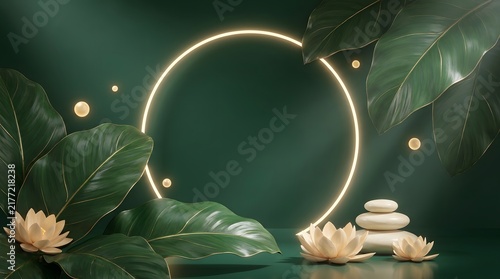 Elegant green botanical background with luminous circular halo, tropical leaves, lotus flowers, glowing particles, and sophisticated natural composition