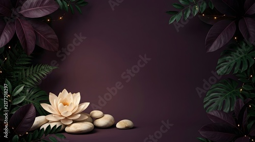 Luxury dark purple botanical background with white lotus flowers, tropical foliage, smooth stones, and spacious center copy space