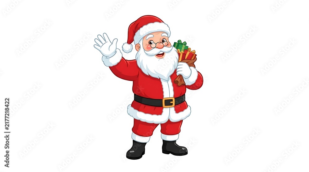 Fototapeta premium Jolly Santa Claus building a cheerful snowman in a picturesque winter village, surrounded by snow-covered trees and quaint cottages, embodying the festive spirit and joy of the holiday season