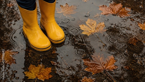 Yellow Rain Boots Standing in Autumn Puddle. AI Generative.
