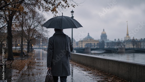 Person Walking with Umbrella Along Rainy City River. AI Generative.
