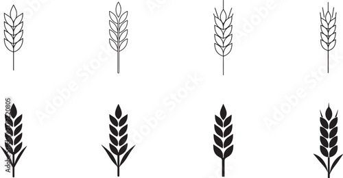 Black and white wheat and cereal icon set featuring rice, corn, oats, grain ears and bakery symbols.