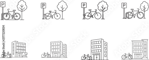 Black and white bicycle parking area icon showing secure bike rack, office commuting and eco transport.
