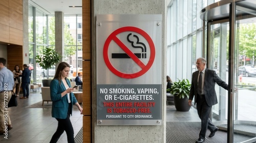 No Smoking Vaping Or E-cigarettes Signage In Modern Office Building Lobby