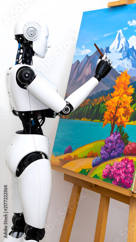 AI Robot Artist Painting Colorful Landscape on Canvas