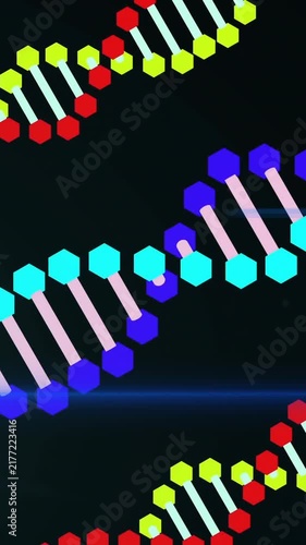 Animation of colorful DNA strands with hexagonal patterns on dark background