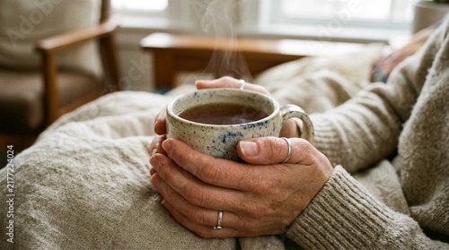 Person wrapped in a cozy blanket holding a warm ceramic mug of tea with hot tea