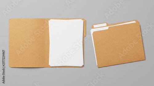 Open and closed kraft paper file folders with blank document sheets mockup