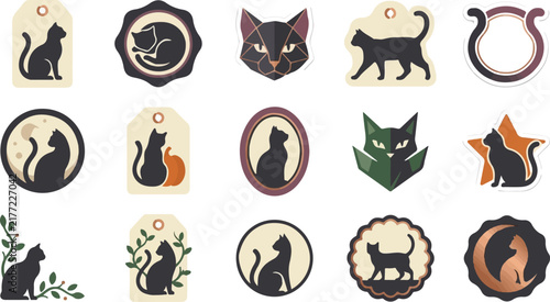 Vintage cat logo collection, retro pet badge set, cute feline icon pack for pet shop branding, pet cafe design, and animal business identity