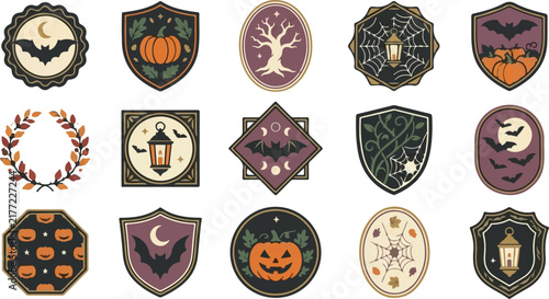 Vintage Halloween heraldic emblems, retro spooky crest, antique shield emblem, Halloween logo design, vector