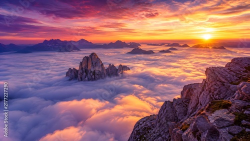 Looking down from mountain peak at sunrise over a vast sea of clouds filling the valley in Dolomites