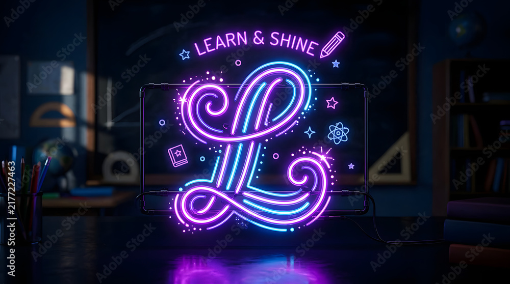 Fototapeta premium Neon Light Letter L with Learn & Shine Message in Dark Background