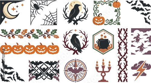 Retro Halloween vector illustration elements. Orange pumpkin, crow, spider web, cauldron, bats. Autumn season design icons for graphic projects and cards. Vintage spooky collection.