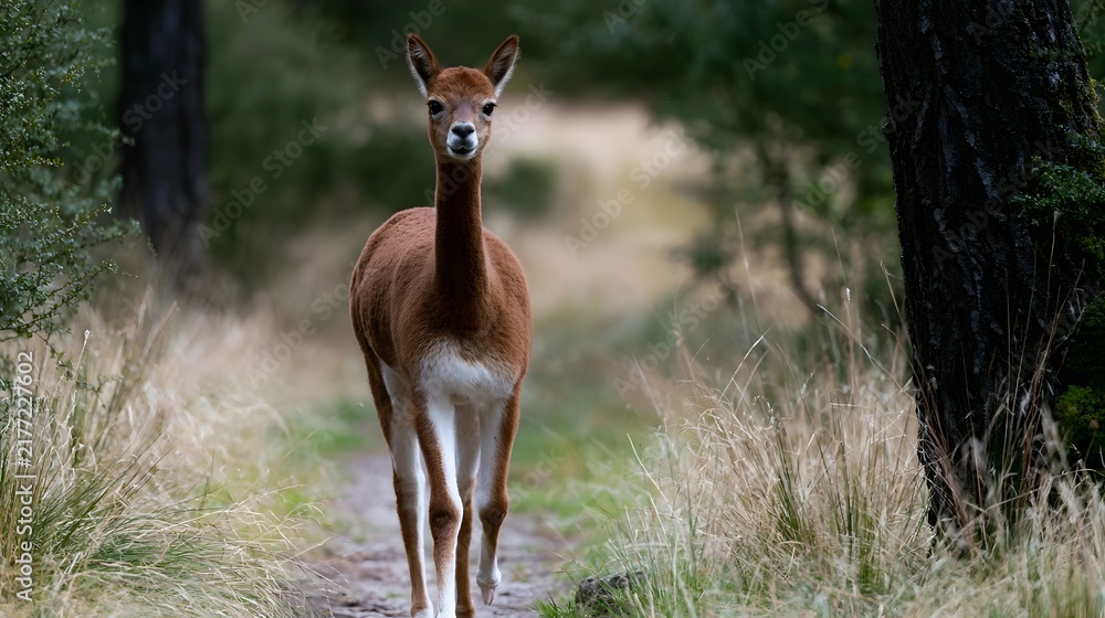 Obraz premium A young alpaca stands alert on a forest trail surrounded by tall grass and trees gazing directly at the viewer with calm curiosity
