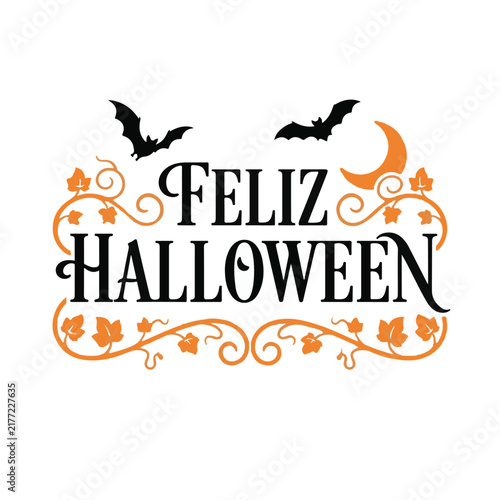 Obraz na plátne Feliz Halloween, ilustración de vector con murciélagos, luna y hojas, diseño tip