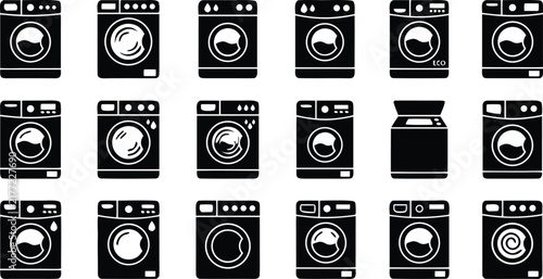 Washing machine and laundry appliance icon set in black style