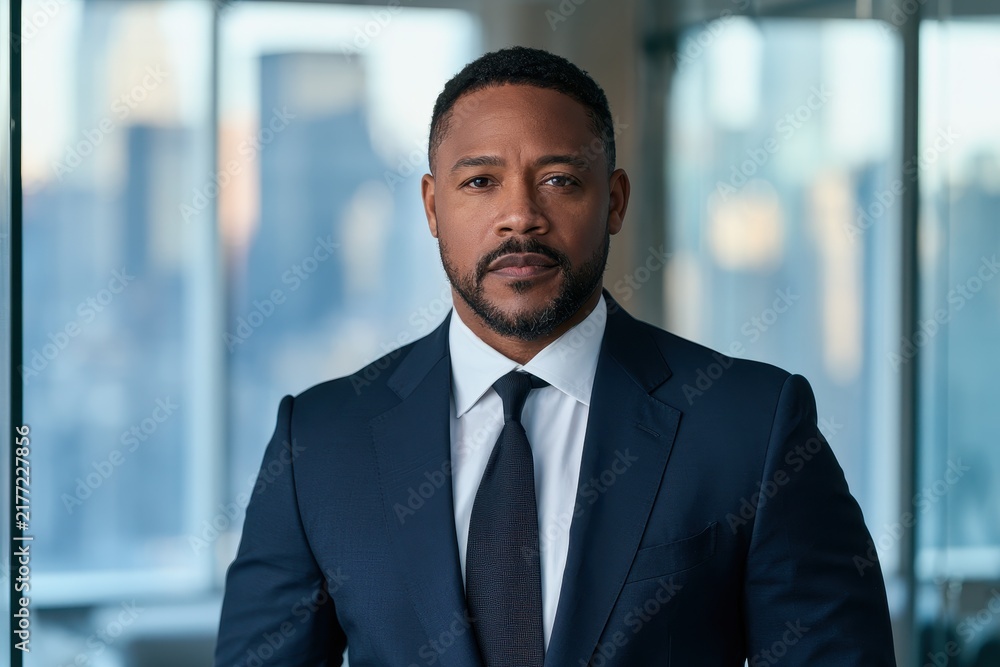 Fototapeta premium Portrait of an African American business professional in a navy suit, in a modern office