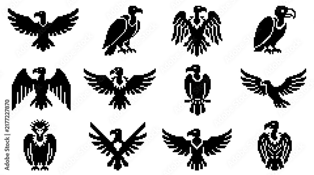 Obraz premium Set of black and white pixel art vulture and eagle icons