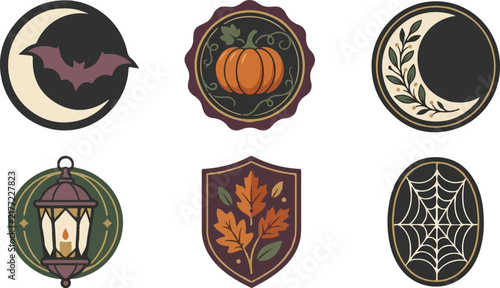 Vintage Halloween badges. Retro vector icons with bat, pumpkin, spider web, lantern and autumn leaves. Classic spooky ornaments for branding and design.