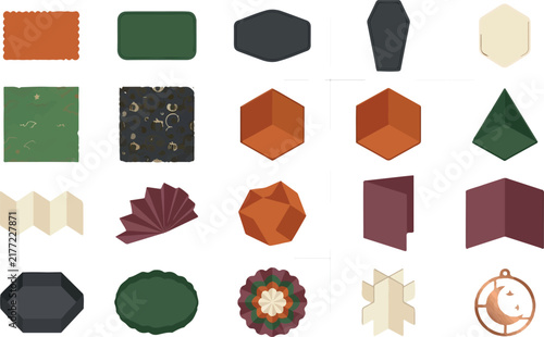 Vintage paper shapes collection. Retro scrapbooking elements and textured cards. Retro vintage aesthetic styling. Orange, green and beige tones for design projects.