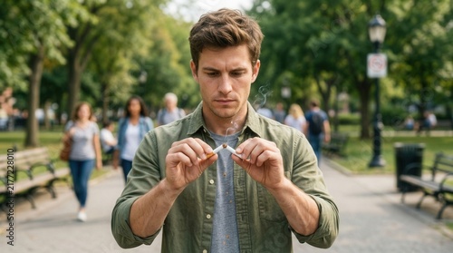 Obraz na płótnie Man Breaking Cigarette Symbolizing Quitting Smoking in Park