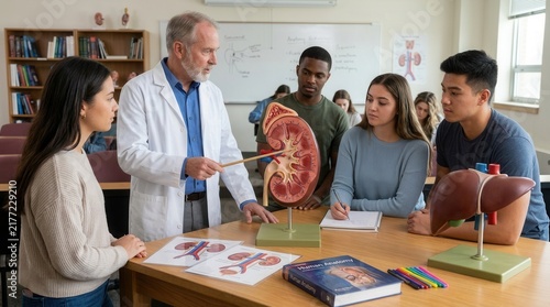 Medical Instructor Demonstrates Kidney Anatomy To Diverse Students In Classroom
