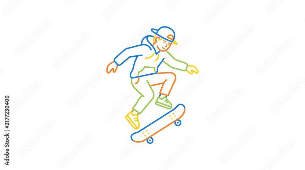 Fototapeta premium Skater riding a skateboard in vibrant color outline.