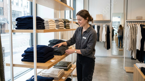 Female Retail Employee Organizing Folded Sweaters on Shelves in Modern Clothing Store
