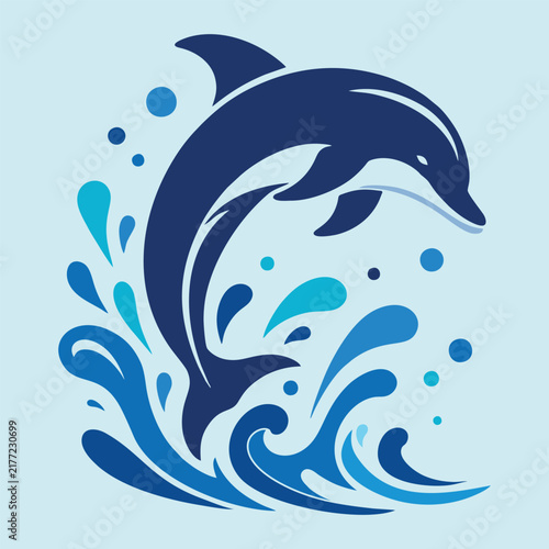 Jumping Dolphin Vector Logo Icon Isolated on Light Blue Background