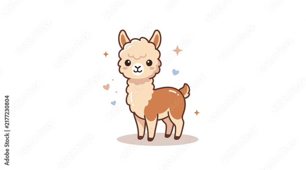 Fototapeta premium Smiling cartoon alpaca illustration with soft brown and beige fur.