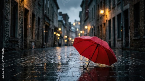 Red Umbrella on Wet Cobblestone Street During Rainy Evening in Historic City