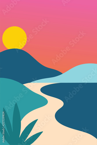 Minimalist Coastal Beach Landscape Vector Poster with Sun and Mountains