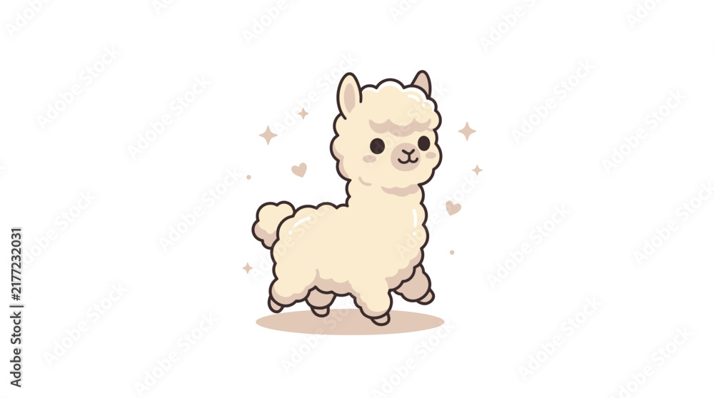 Obraz premium Sweet white cartoon alpaca standing with magical sparkles and hearts.