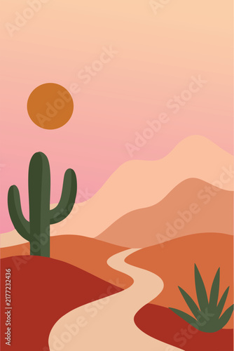 Mid Century Modern Cactus Desert Landscape Vector Background for Wall Art and Cover
