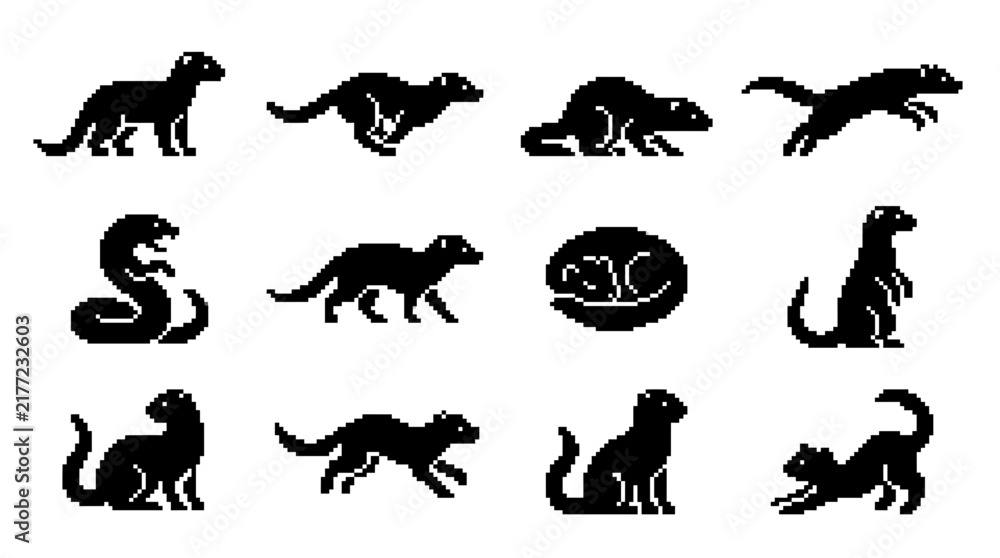 Fototapeta premium Various black pixel art animal silhouettes including cobra and meerkat.