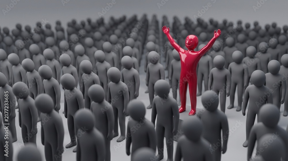 Obraz premium 3D illustration of a standing out leader in a crowd of uniform figures