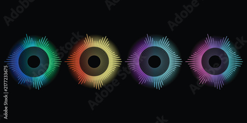Fotografía Set of four circular sound wave equalizers with vibrant gradient colors on a bla