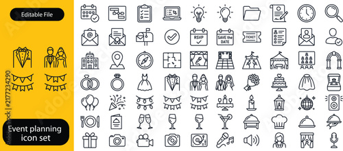 Event planning icon set. Icons in linear style collection. Containing decorations, venue, event planner, registration, entertainment, catering, invitations, coordination and more. Vector illustration