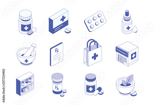 Isometric pharmacy and medical medicine icon set