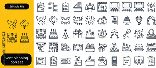 Event planning icon set. Icons in linear style collection. Containing decorations, venue, event planner, registration, entertainment, catering, invitations, coordination and more. Vector illustration